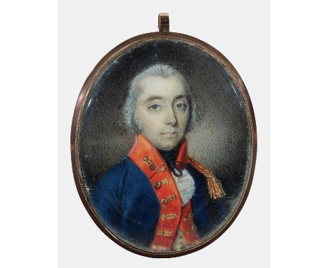 λ English School 18th CenturyPortrait miniature of an officer in uniform and with powdered hairOval, in a gilt metal frame, t