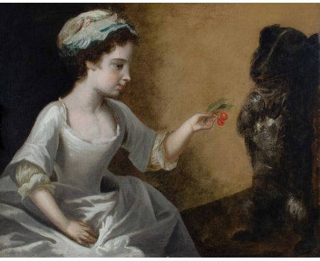 Circle of Francis HaymanPortrait of a young girl offering cherries to her dogOil on canvas63.7 x 76.5cm; 25 x 30inProvenance: