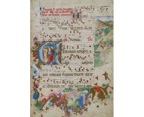 Italian School 16th CenturyA leaf from an antiphonal with Historiated initial 'V' enclosing a depiction of Jacob sending Jose