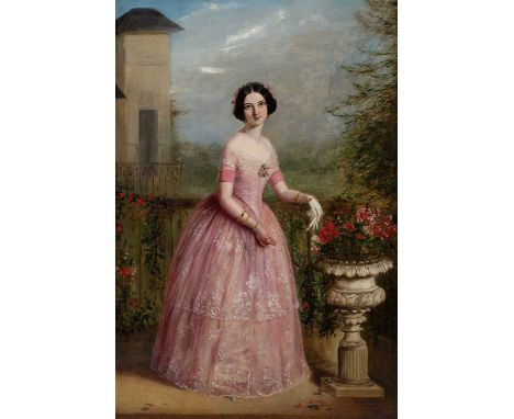 J. Harrison (act.1845-1865)Portrait of a lady, full-length, wearing a pink dress, standing in a gardenSigned and dated J Harr