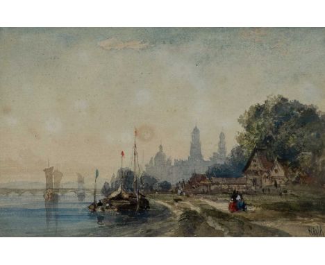 William Wyld (1806-1889)Barges on the Elbe at DresdenSigned WWyld (lower right)Watercolour heightened with white and scratchi