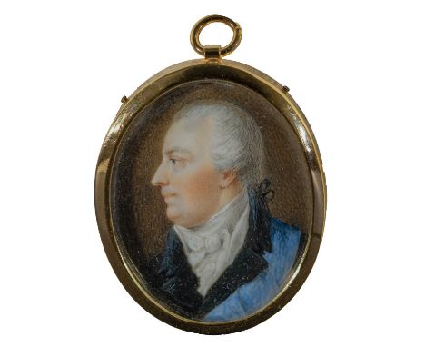 λ French School 18th CenturyPortrait miniature of a gentleman in profile, wearing a blue coatOval in a gilt metal frame48 x 3
