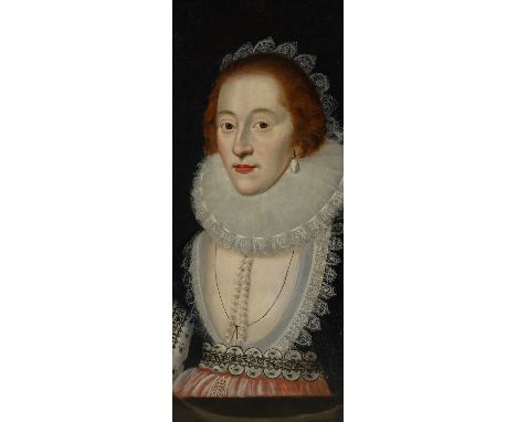 Dutch School 17th CenturyPortrait of a lady, half-length with a lace ruff, a pearl necklace and a pearl earring, in a painted