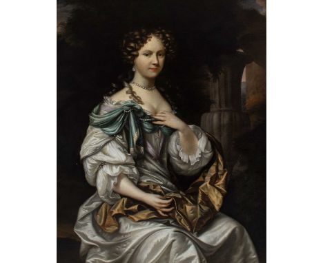 Bartholomeus Meyburgh (Dutch 1628-1708/1709)Portrait of a lady, three-quarter length, wearing a silver dress and pearl neckla