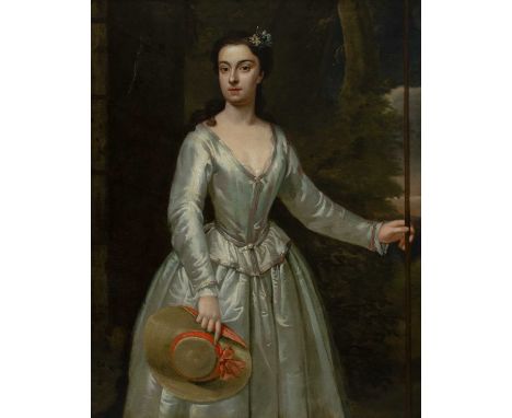Circle of Enoch SeemanPortrait of a lady, three-quarter length, wearing a silver coloured dress, holding a shepherdess' staff