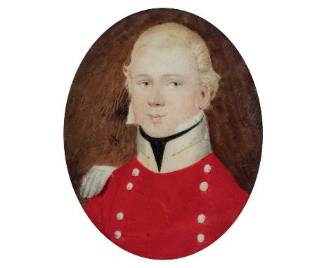 English School c.1800Portrait miniature of a young officer in uniformOn card, oval, in a rectangular ebonised wooded frame76 