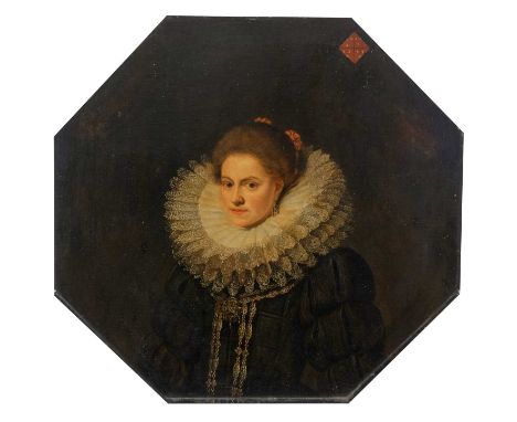 After Jan van RavesteynPortrait of a noblewoman, probably Jeanne-Marie Doublet, wearing a black dress, lace ruff, and a red r