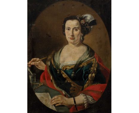 Italian School c.1800Portrait of a female artist, half-length, holding a porte-crayon and a red chalk study, in a painted ova