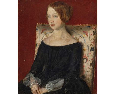 English School c.1860-1870Portrait of Sophia Frances Quantock, wearing a black dress, seated in an interiorOil on board21 x 1