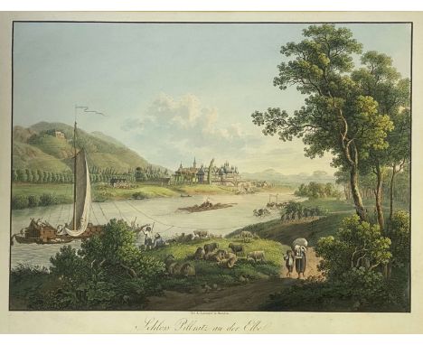 Bezeichnet „Schloss Pillnitz an der Elbe“, um 1820.  Kolorierte Umrissradierung,   wohl von   Christian Gottlieb Hammer (1776