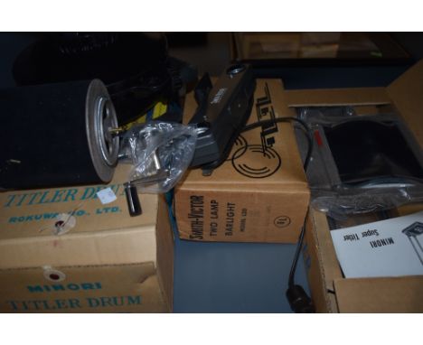 A selection of various pieces of photographic equipment including Minori Titler Drum, Rukowa Super Titler, a 16mm development