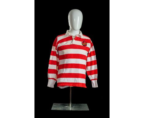BARRY LEGH | CANADA | 1973The jersey match-worn by full-back Barry Legh in red and white hoops, bearing embroidered maple cre