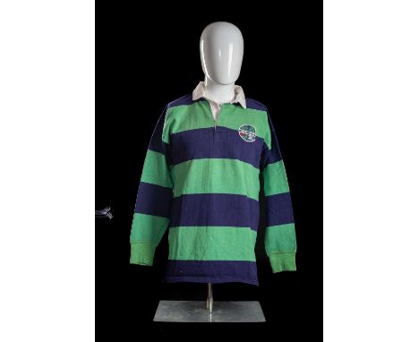 FERGUS SLATTERY | IRELAND & SCOTLAND | 1974 IRISH RUGBY CENTENARY YEAR MATCHA rare green and blue hooped jersey, match worn b
