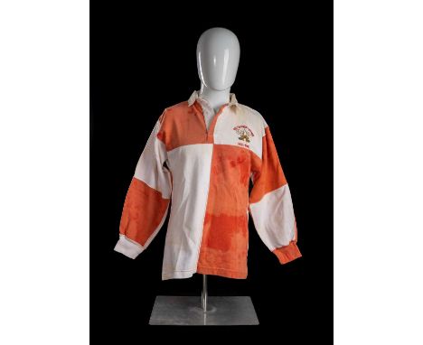 JPR WILLIAMS | ENGLAND & WALES | 1981 WRU CENTENARY YEAR MATCH A red and white quartered jersey, match-worn by JPR, with embr