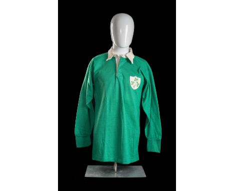 A H ENSOR | IRELAND | 1975Traditional Ireland International Rugby Union match-worn jersey in green with white collar, embroid