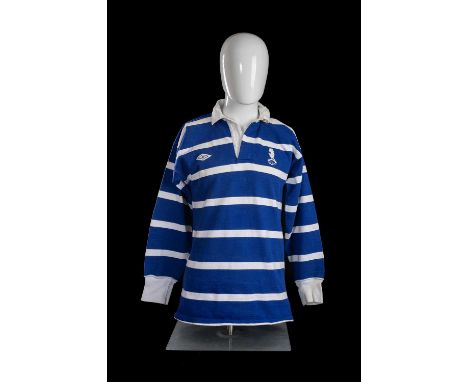 JPR WILLIAMS | BRIDGEND | c.1980sJPR’s match-worn Bridgend RFC jersey in blue with narrow white stripe, white collar, embroid