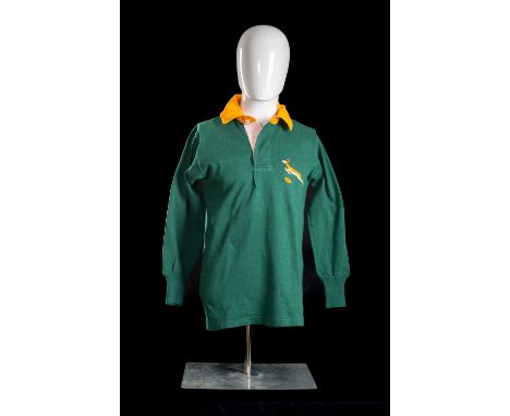 TONIE ROUX | SOUTH AFRICA | 1974Springbok jersey match-worn traditional green with yellow collar, embroidered leaping Springb