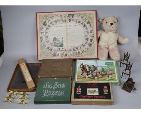 Collection of vintage toys to include jigsaws, teddy, recorder etc 