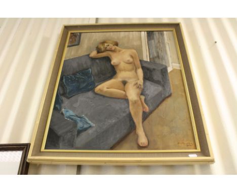 A L Dudley oil painting portrait of a seated nude signed and dated 1976. 60 x 49. 