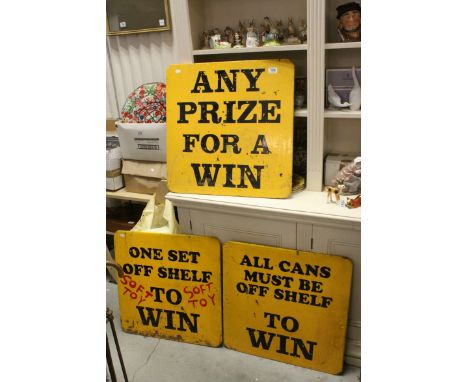 Three Mid 20th century Wooden Painted Fairground Signs including ' Any Prize for a Win', ' One set off shelf to win ' and ' A