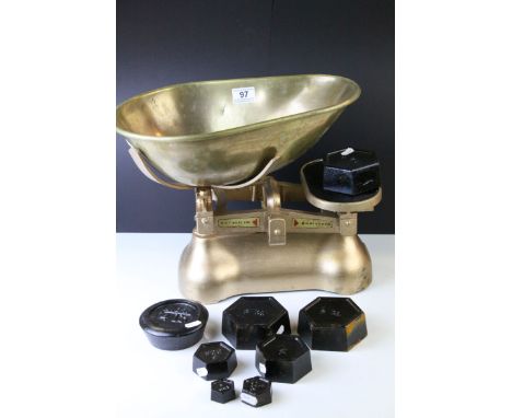 W &amp; T Avery Set of Cast Iron Scales with Brass Pan (re-painted gold) together with Avery 4lb Weight and Seven Metric Weig