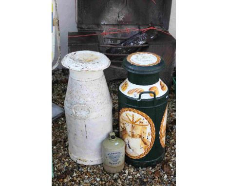 Painted Milk Churn ' Bishop Stortford Dairy Farmers Lts, Old Bakery, Kington Langley ' 77cms high together with another Vinta
