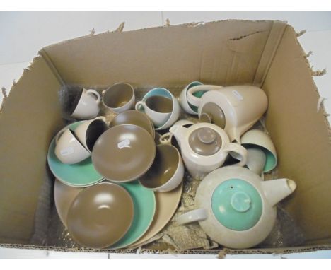 Collection of Poole Pottery Two Tone Tea Ware including Tea Pot, Hot Water Pot, Coffee Pot plus Tea Cups, Saucers and Plates 