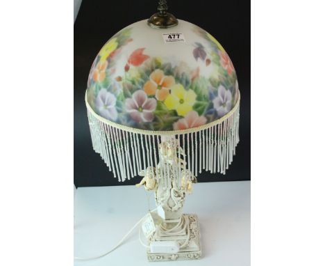 Academy Collection Ornate Table Lamp adorned with Cherubs and Flowered Glass Shade 