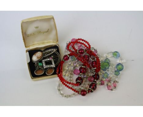 A small collection of mainly vintage costume jewellery together with a white metal brooch marked OMG to the reverse. 