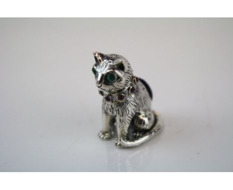 Silver Cat Pin Cushion with Ruby Collar and Emerald Eyes 