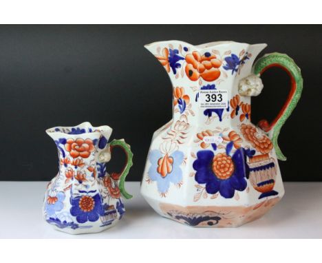 19th century Ironstone Jug of Imari Design with a Mythical Beast Handle, 24cms high together with a 19th century Mason's Iron