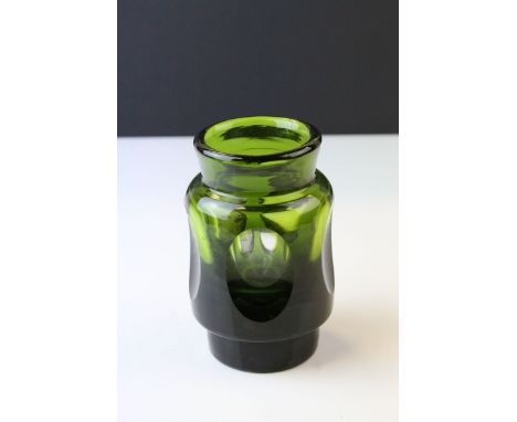 Swedish ' Lindshammar ' Green Glass Vase with dimple sides, signed to base, 13cms high 