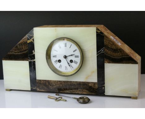 Art Deco Marble and Onyx Mantle Clock, 8 Day, with circular white enamel face and Roman numerals, with pendulum and  key, 44c