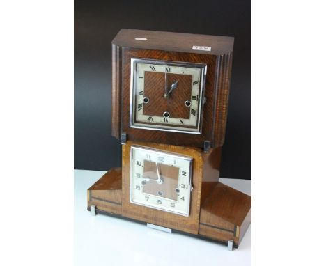 An Art Deco Three train movement mantle clock with inlaid decoration together with a similar oak cased clock 