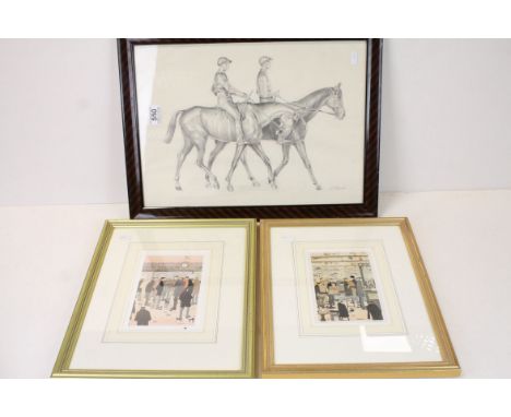 GW Birks pair of framed and glazed limited edition prints Pub interior and dog racing together with a pencil portrait of two 