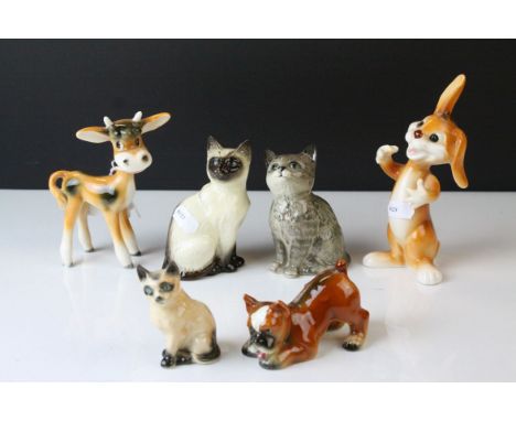 Collection of Six Ceramic Animals including Beswick Cat, Royal Doulton Cat, Goebel Cartoon Style Rabbit and Calf plus a Goebe