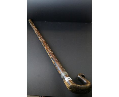 Early 20th century Black Forest Pine Walking Stick with Shepherd Crook Handle 