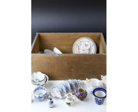 Wooden Crate with a selection of Antique and Later Ceramics including Caughley Pickle Dish (a/f), Crown Derby Cup and Saucer,