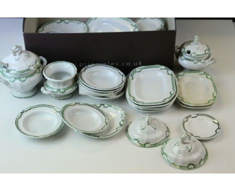 Victorian Ceramic Part Child's Green and White Dinner Service, approx. 45 pieces including Meat Plates, Soup Tureen and Ladle