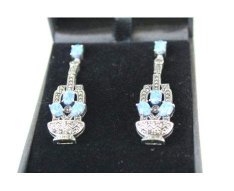 Pair of Silver Marcasite and Blue Opal Vase Shaped Earrings 