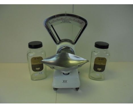 Mid 20th century Set of Avery Shop Scales with Metal Pan, weighing upto 2lb, 52cms high together with Two Glass ' Lumb Line '