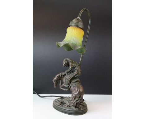 Table Lamp in the form of a Rodeo Cowboy on Horseback with Coloured Glass Shade, 43cms high 