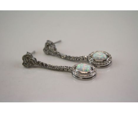 Pair of Silver CZ and Opal Drop Earrings 