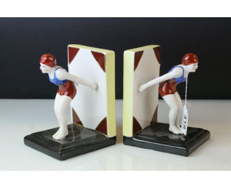 Pair of Ceramic Bookends of Swimming Figures 