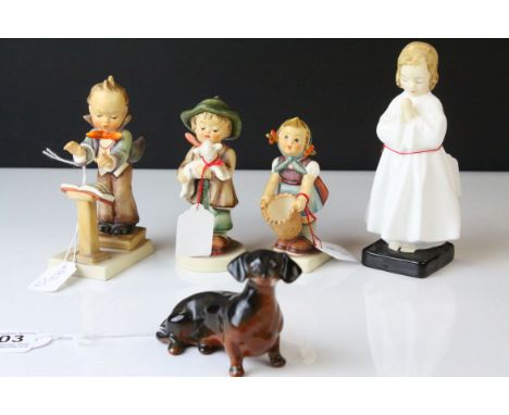 Three Hummel Figures - Band Leader no.129, 12cms Young Girl holding a Basket and Shepherd Boy (a/f) together with Beswick Dac