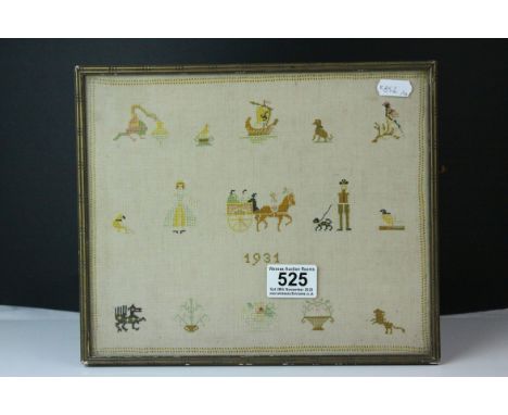 Needlework Tapestry Panel depicting figures and animals, dated 1931, and enscribed to verso ' Given to A G Fowler, by Maude E