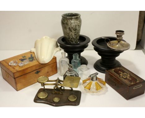 A quantity of sundries to include glass atomisers,scales chamberstick etc. 