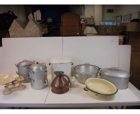 Kitchenalia - selection of mainly Vintage items including Enamel Bread Bin, Italian Grinder, Set of Enamel Scales, Enamel and