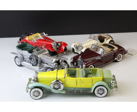 Five Boxed Franklin Mint Diecast Cars - 1907 Rolls Royce Silver Ghost, 1938 Jaguar 55 100, 1930 Duessenberg J Derham Tourster