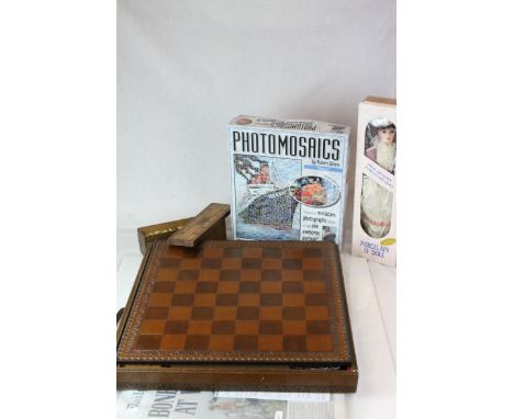 A Quantity of sundries to include ebony and bone dominoes, cribbage board,vintage newspapers, contemporary chess set etc.